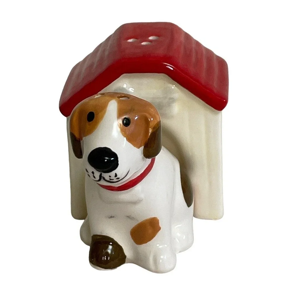 Dog and Doghouse Salt and Pepper Shaker Set Ceramic Brown White Red